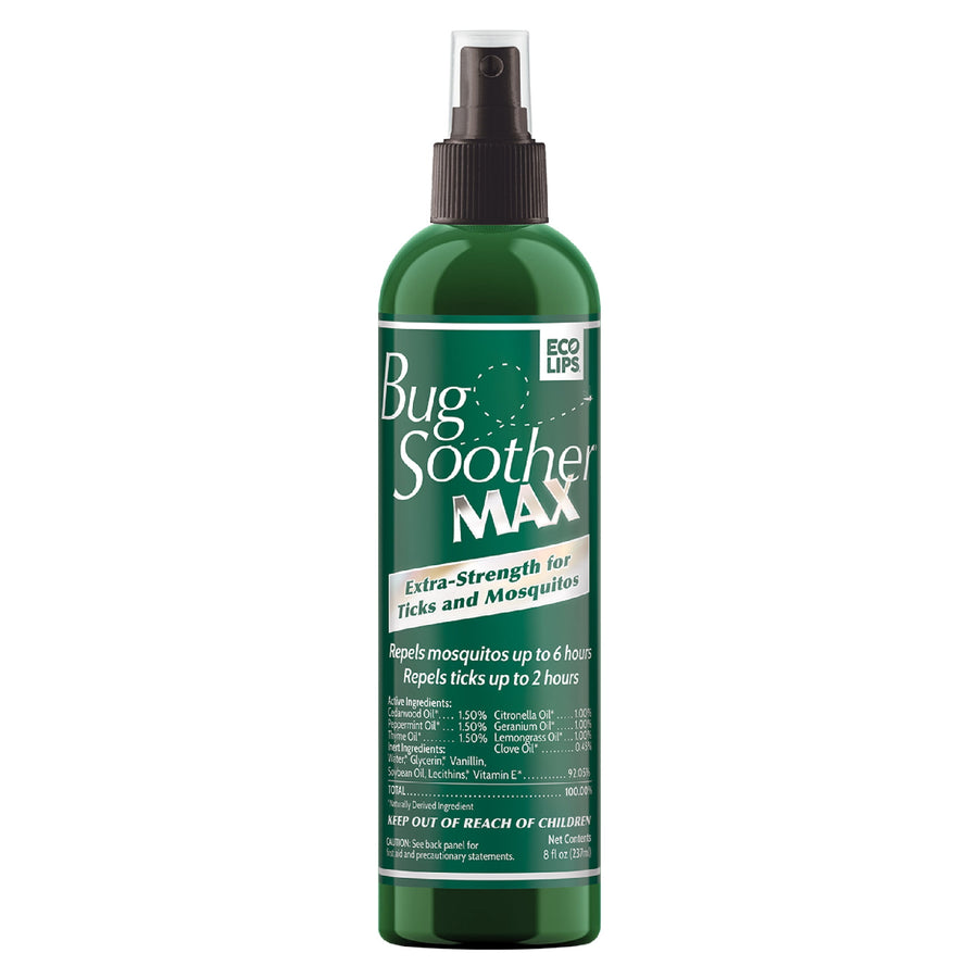 Tall green spray bottle of Eco Lips Bug Soother MAX insect repellent with printed label and black spray top on white background.