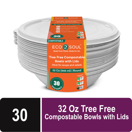 Stack of white compostable bagasse soup bowls with an orange Eco Soul branded sleeve showing size and a 30-count badge