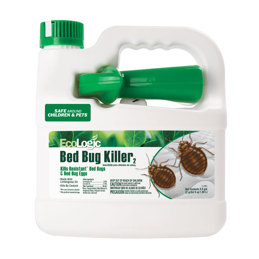 White EcoLogic plastic jug with green handle and label reading ‘Bed Bug Killer’ with illustrated bed bugs on a mattress
