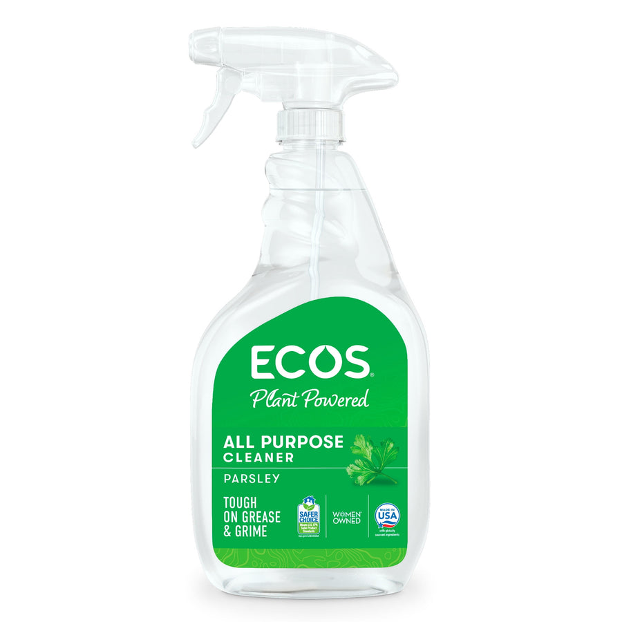 Clear spray bottle with a green ECOS label reading All Purpose Cleaner, parsley scent, front-facing product shot