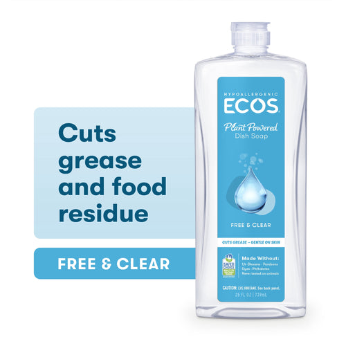 Clear ECOS Free & Clear plant-powered dish soap bottle with blue label and promotional text panel