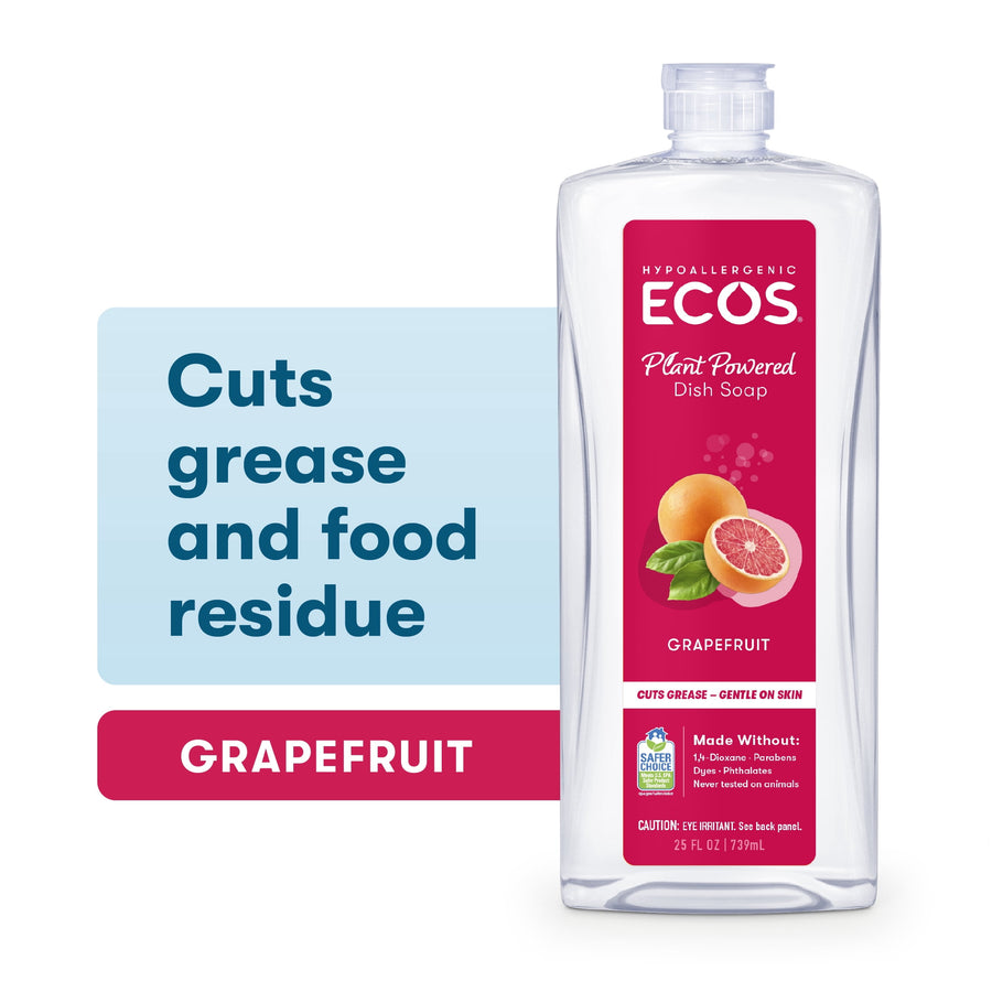 Clear ECOS plant-powered dish soap bottle with pink grapefruit label and product callouts