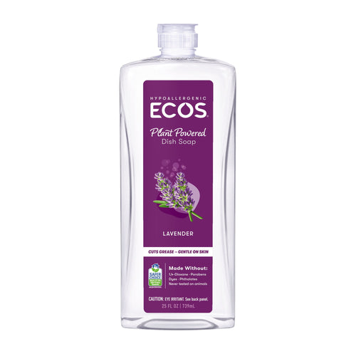 Clear bottle of ECOS lavender plant-powered dish soap with purple front label