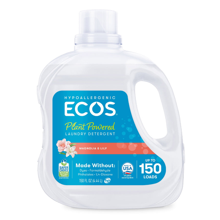 White ECOS plant-powered liquid laundry detergent bottle with blue magnolia & lily label and handle