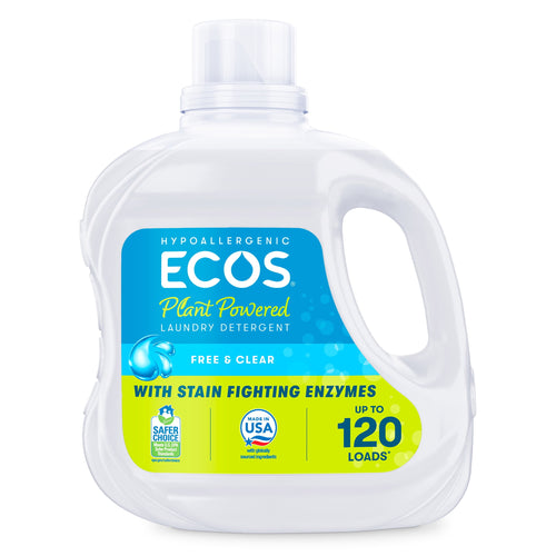 Front view of a white ECOS plant powered laundry detergent jug labeled Free & Clear with green-blue label.