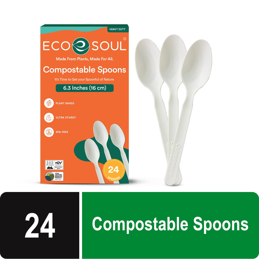EcoSoul branded box of compostable spoons next to three white compostable spoons on a white background