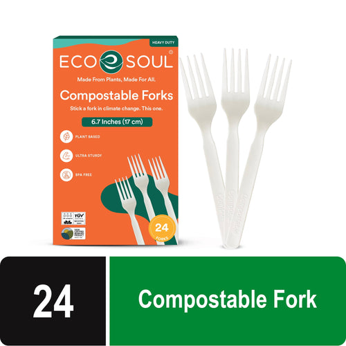 Boxed EcoSoul compostable forks display with three beige plant-based forks and a green-orange package showing 24 count badge.