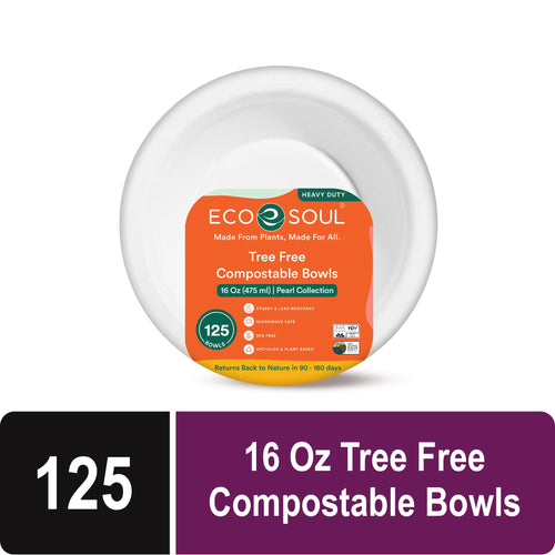 Pearl-white EcoSoul compostable bowl with orange branded label showing product name and 125 count callout.