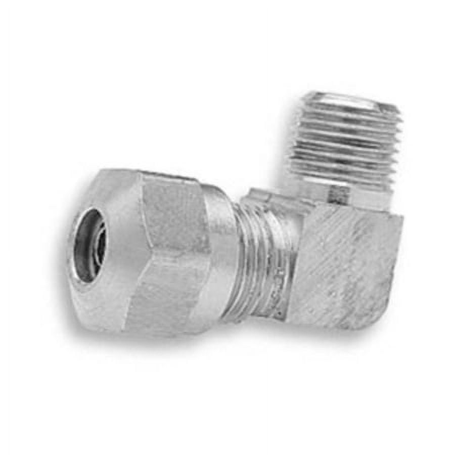 Silver metal 90-degree elbow with male pipe thread and compression nut fitting