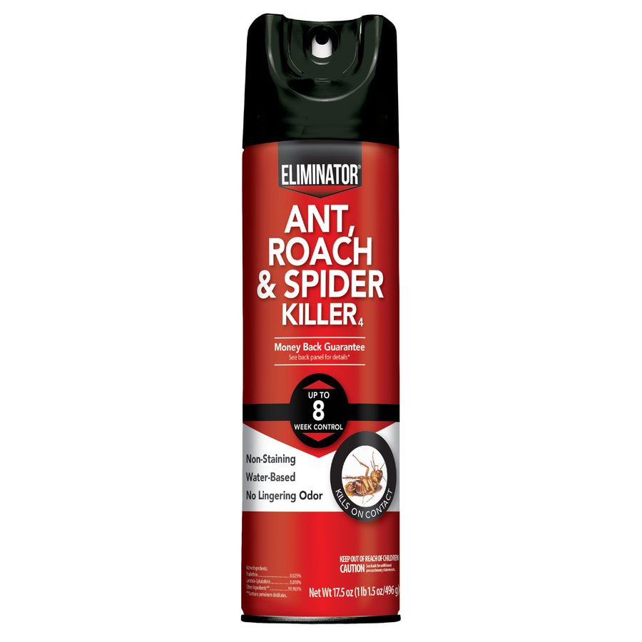 Red and black Eliminator aerosol can labeled Ant, Roach & Spider Killer with up to 8 week control badge