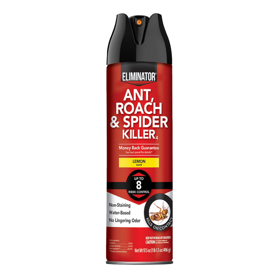 Red Eliminator aerosol can labeled Ant, Roach & Spider Killer with black cap and lemon scent callouts