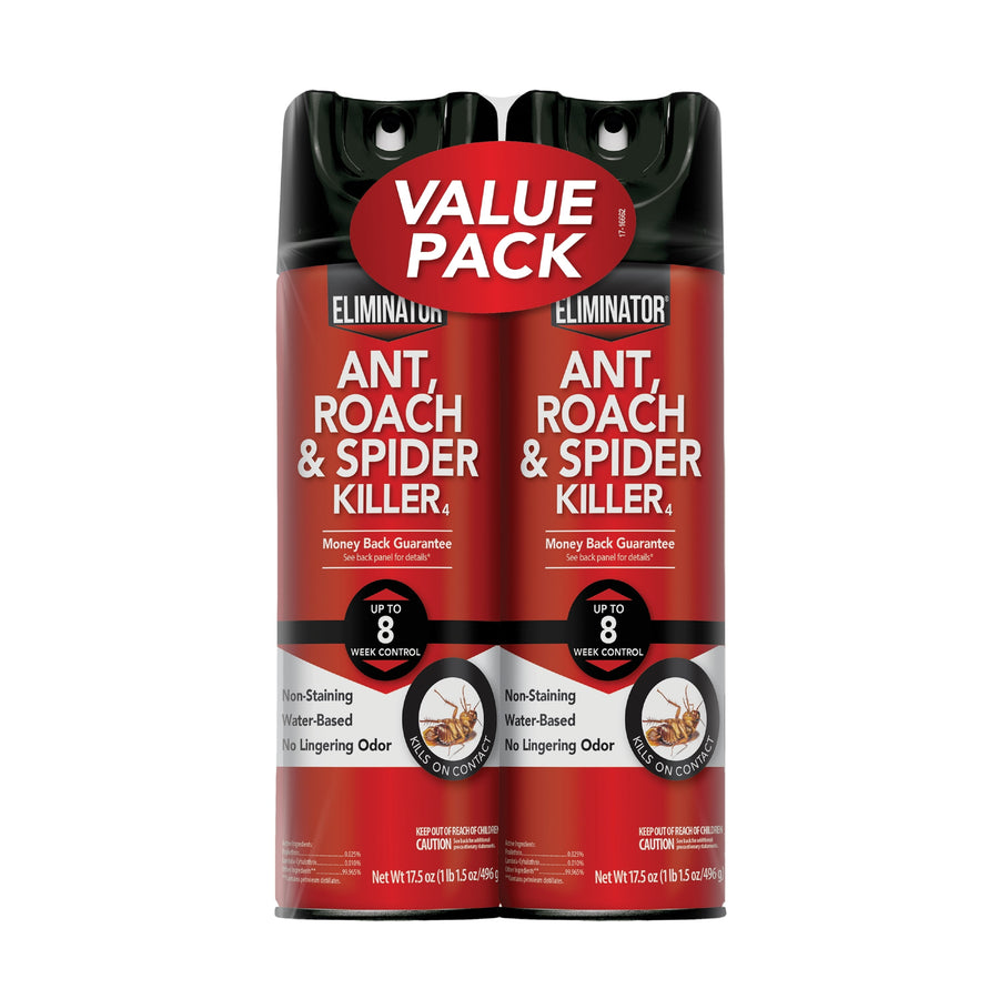 Two red Eliminator aerosol cans packaged as a value pack labeled Ant, Roach & Spider Killer
