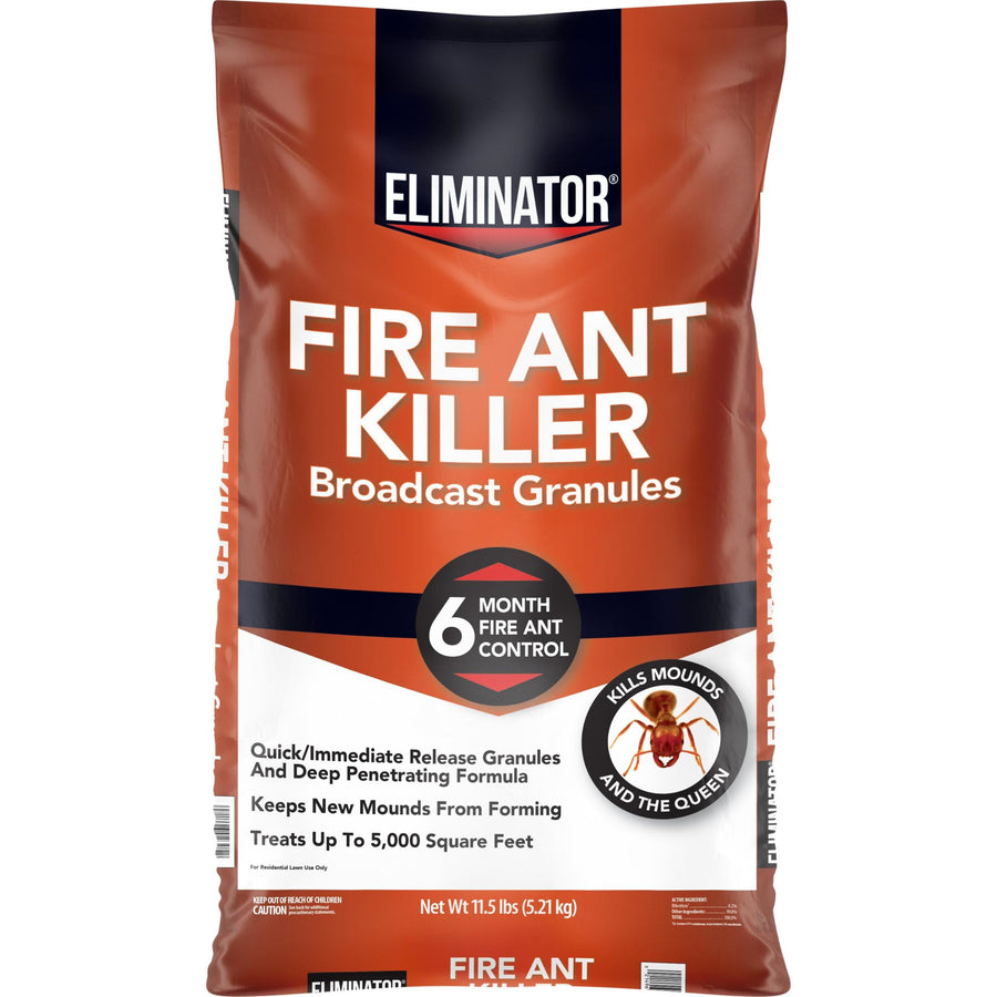 Front of an Eliminator branded orange and black bag labeled Fire Ant Killer broadcast granules with 6 month control badge