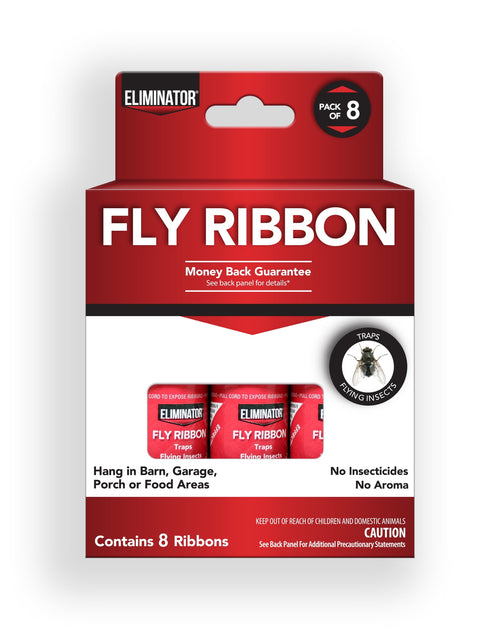 Red Eliminator branded retail box for fly ribbon with product window and callouts