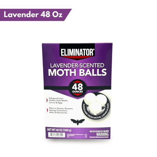 Purple Eliminator lavender-scented moth balls box with 48 ounces badge and product image of white balls