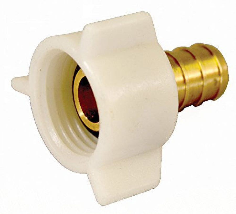Close-up of an Elkhart white plastic swivel female threaded connector with a brass barbed hose tail on a white background.