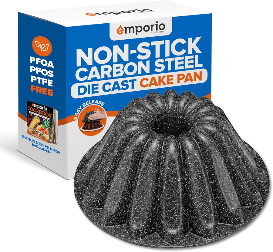 Speckled gray marble fluted bundt-style cake pan displayed in front of Emporio Kitchen product box with bold non-stick branding