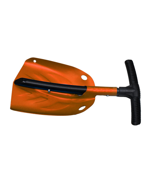 Orange collapsible car-trunk shovel laid flat showing blade, short handle and T-grip on white background