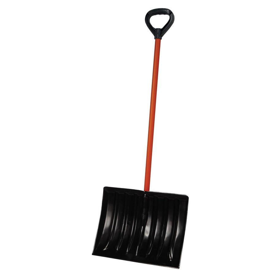 EMSCO Bigfoot snow shovel with orange metal handle and wide black scoop on white background