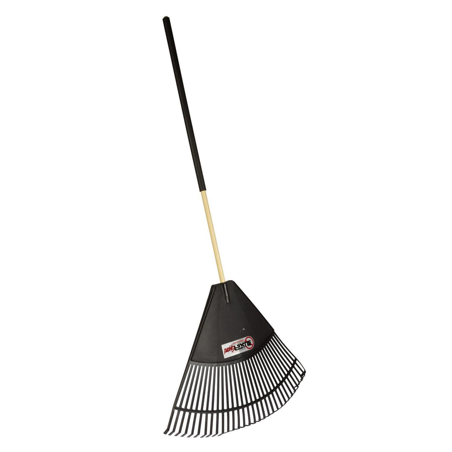 Full view of a black resin leaf rake with a hardwood handle and foam grip on white