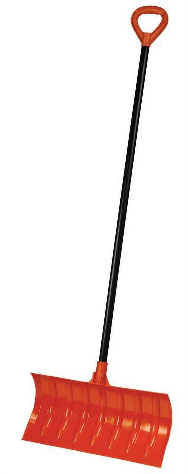 Orange curved roller snow shovel with black metal shaft and large orange D-grip handle on white background