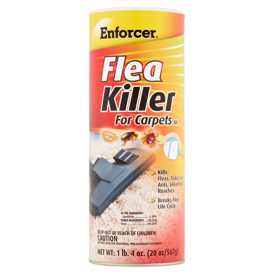 Tall cylindrical can of Enforcer Flea Killer for carpets with bold red and yellow label