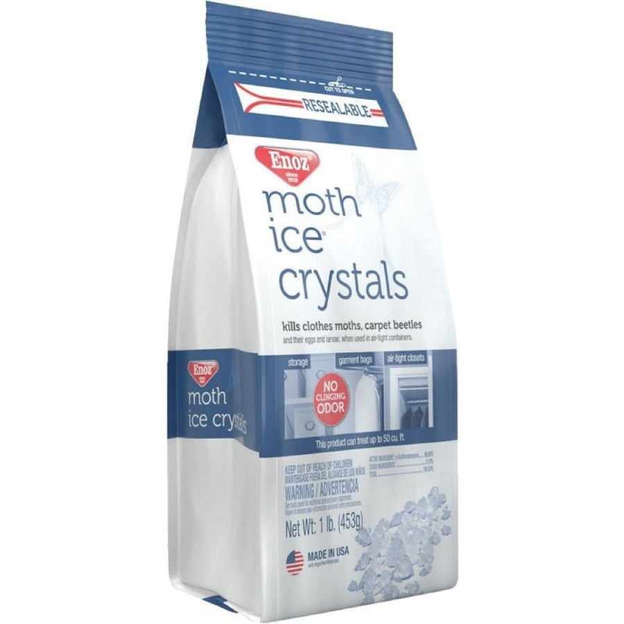 Angled view of Enoz Moth Ice Crystals packaged bag showing side panel and product branding