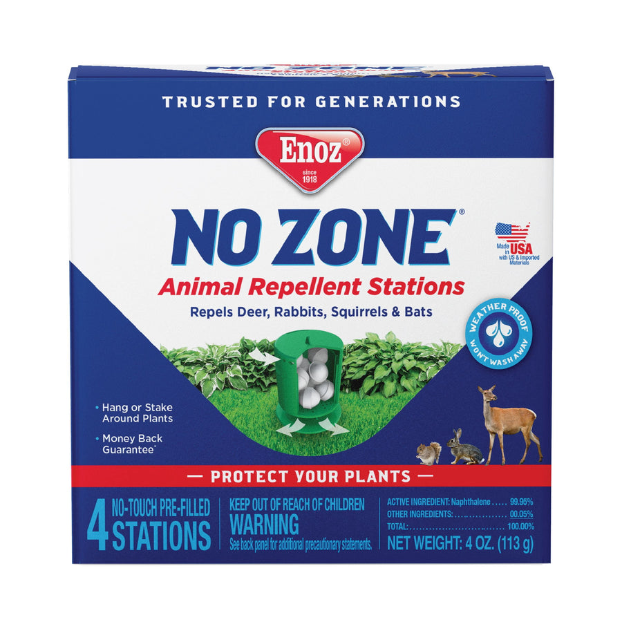 Front-facing product box for Enoz No Zone animal repellent stations showing logo, green station graphic and animals