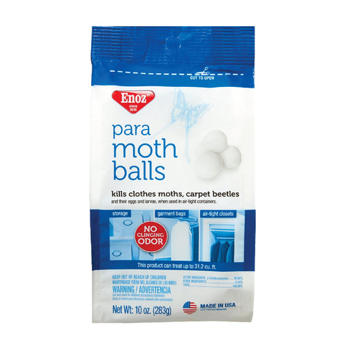 Front-facing Enoz para moth balls 10 oz white and blue pouch showing logo, three moth balls graphic and usage icons