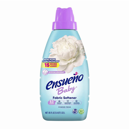 Single front-facing turquoise Ensueño Baby fabric softener bottle with purple cap and floral label on a white background.