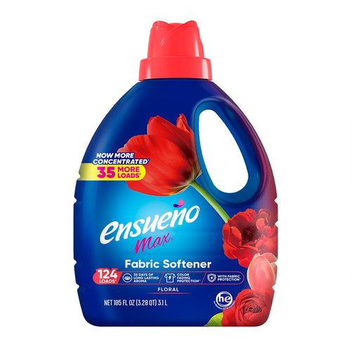 Front-facing bottle of Ensueño Max floral fabric softener with red cap and floral graphics
