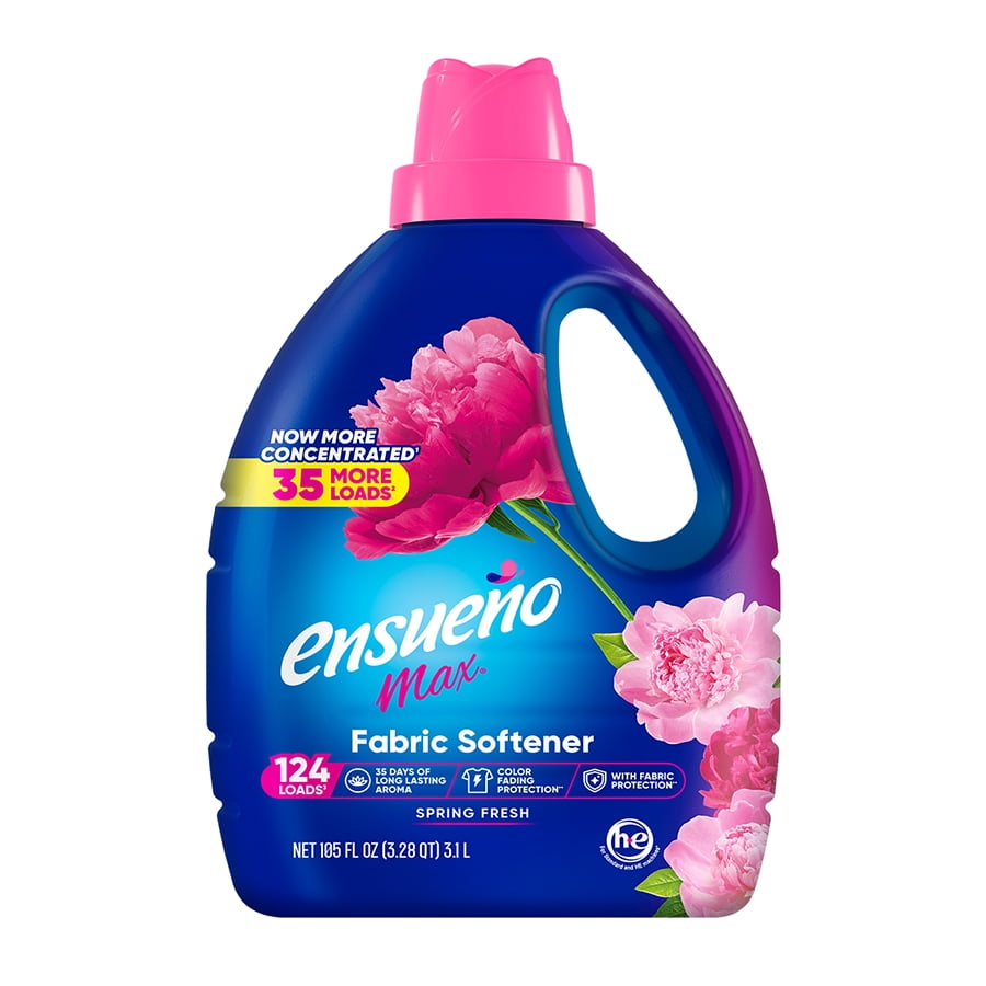 Single bottle of ensueño max spring fresh fabric softener in blue jug with pink cap and floral label