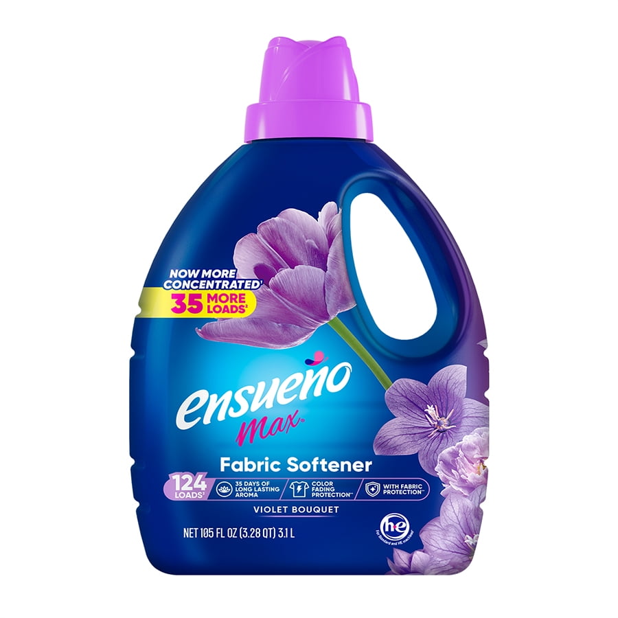 Blue bottle of Ensueno Max Violet Bouquet liquid fabric softener with purple cap and floral label