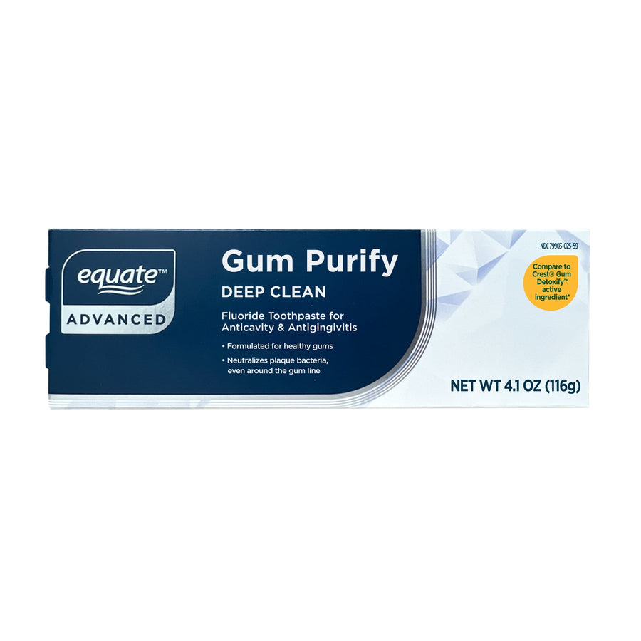 Rectangular box of Equate Advanced Gum Purify Deep Clean toothpaste with navy and white packaging and net wt 4.1 oz printed