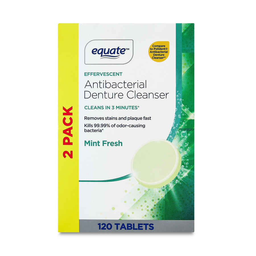 Front of Equate effervescent antibacterial denture cleanser box with mint imagery and '2 pack' label
