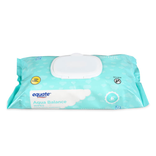 Teal Equate Aqua Balance wipes pack with white flip lid and cloud pattern, front-facing on white background.