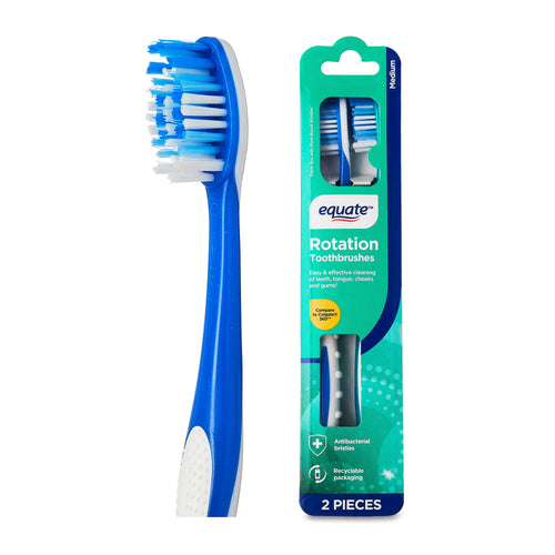 Close-up of a blue-handled Equate rotation toothbrush head and its retail teal-and-blue packaging showing brand and product name.