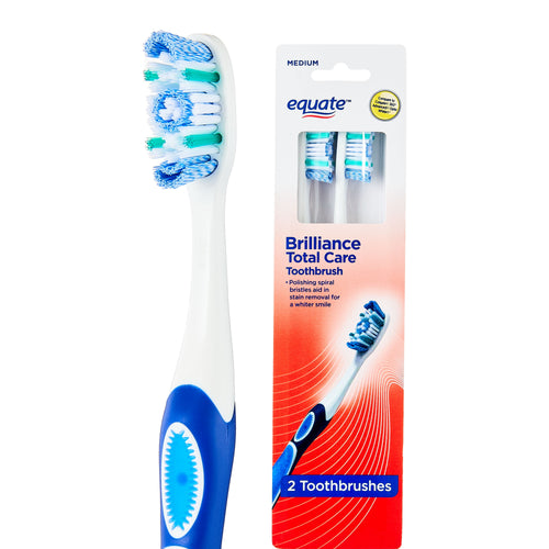 Equate Brilliance Total Care toothbrush displayed next to its retail blister pack showing two medium brush heads and a blue handle.