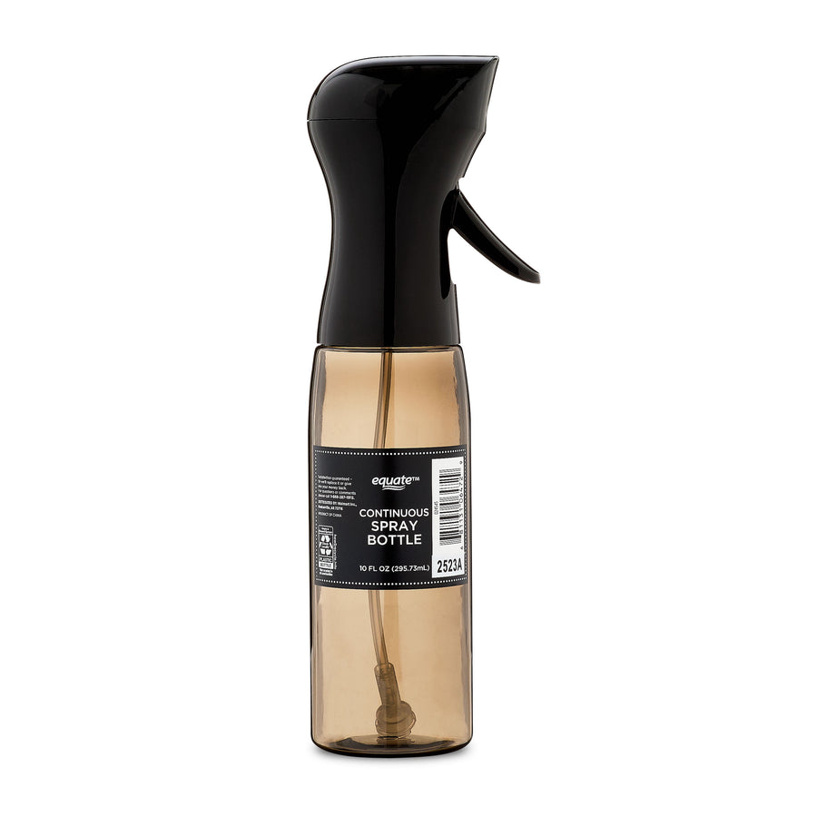 Amber-tinted continuous spray bottle with black nozzle and product label on white background