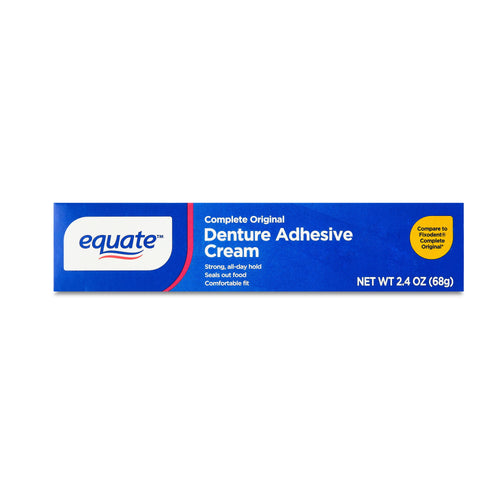 Blue Equate box labeled Complete Original Denture Adhesive Cream with net wt 2.4 oz on white background