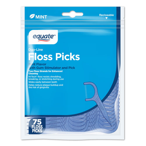 Front-facing resealable bag of Equate Duo-Line mint floss picks with illustrated pick and product text