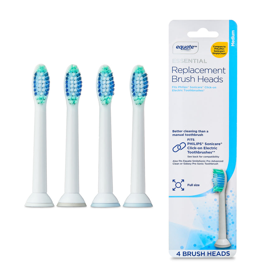 Four Equate electric toothbrush replacement heads shown next to branded retail packaging on white background