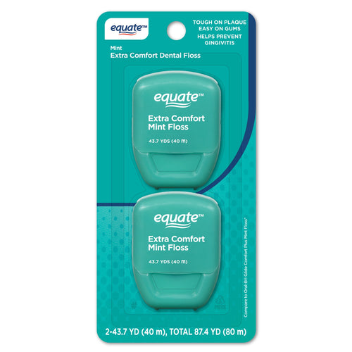 Two-pack Equate Extra Comfort Mint dental floss in teal plastic canisters on retail blister card packaging.