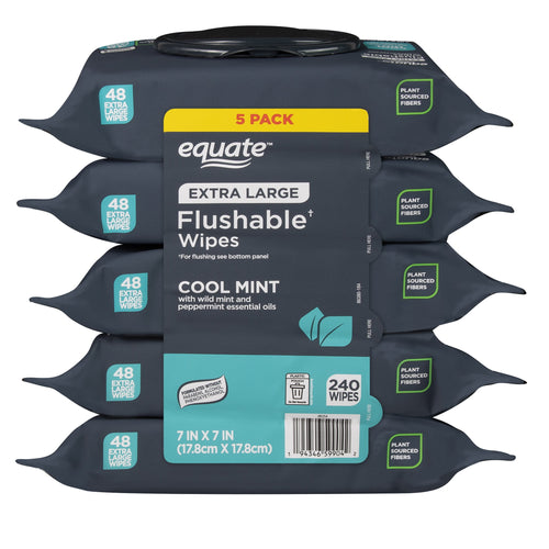 Front-facing stacked 5-pack of Equate Extra Large Flushable Cool Mint wipes showing label, 240 wipes callout and resealable lid.