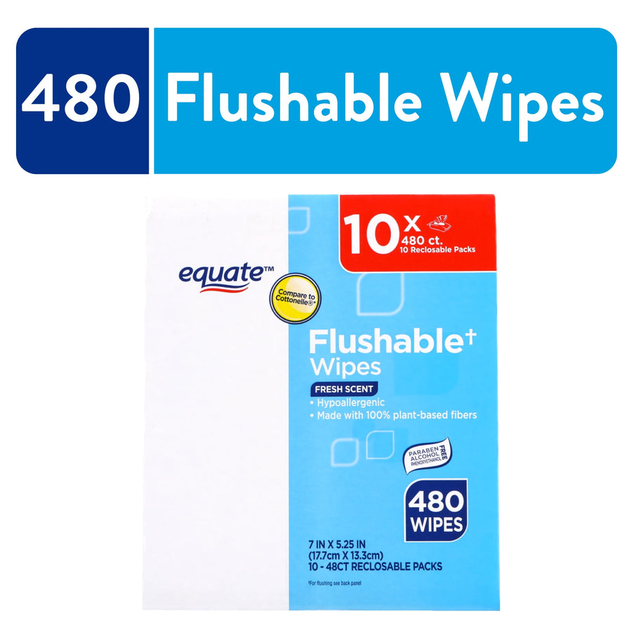 Front of Equate Flushable Wipes box showing blue packaging, 480 wipes badge and fresh scent label