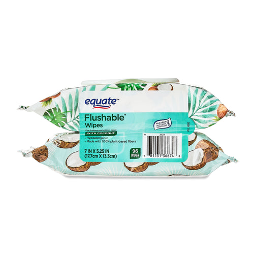 Stacked Equate flushable wipes packs with coconut graphics and pop-up resealable lid on a white background