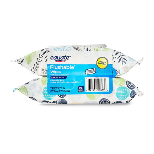 Front-facing stacked Equate Flushable Wipes packs showing blue label, barcode and decorative leaf-and-circle pattern on packaging.
