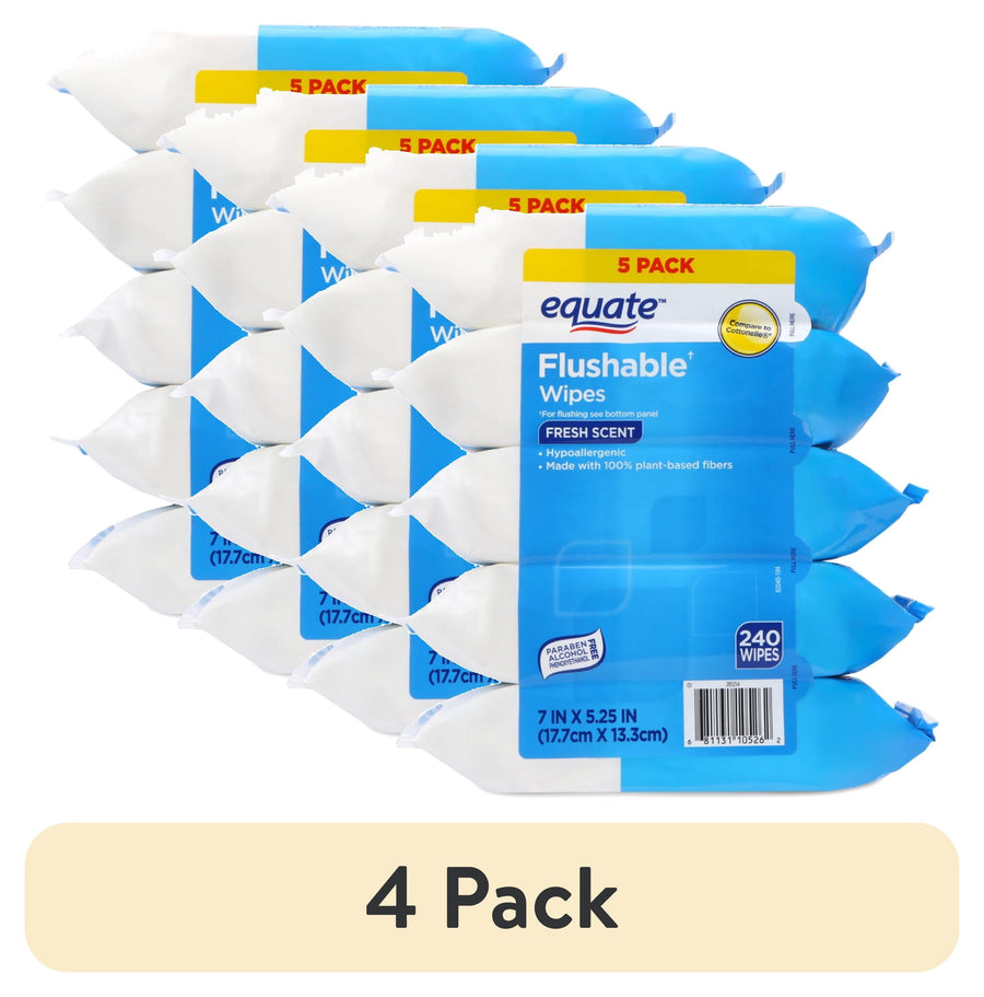 Stacked multipack of Equate flushable wipes in blue-and-white resealable packs with a '4 Pack' label below