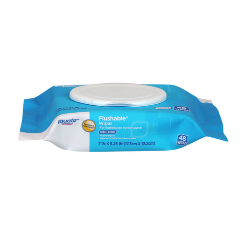 Side view of a blue Equate flushable wipes pack showing white pop-up lid and product labeling on a white background