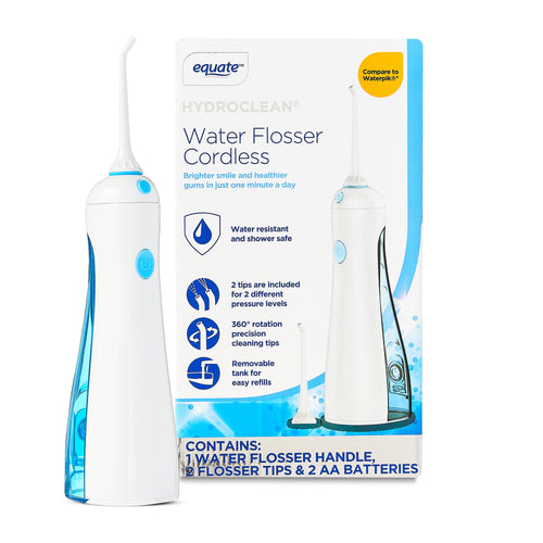 Equate HydroClean cordless water flosser with blue translucent removable tank shown next to retail packaging